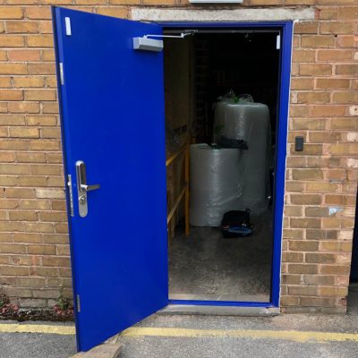 Blue steel security with door closer and code lock