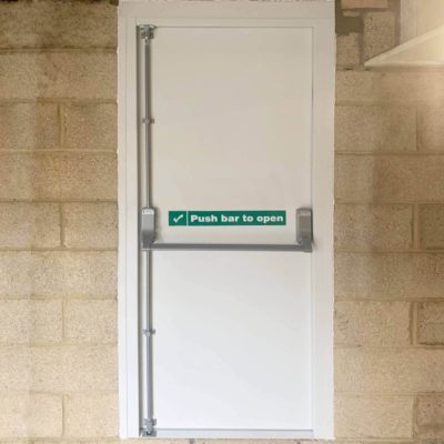white fire exit door with push bar sticker