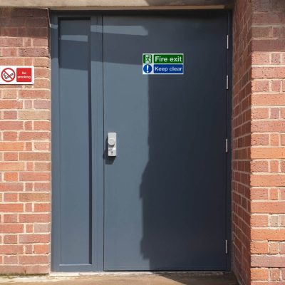 Anthracite grey fire exit door with oad and insulated side panel
