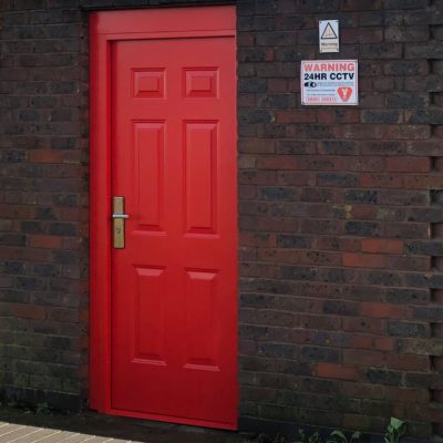 red panelled steel door