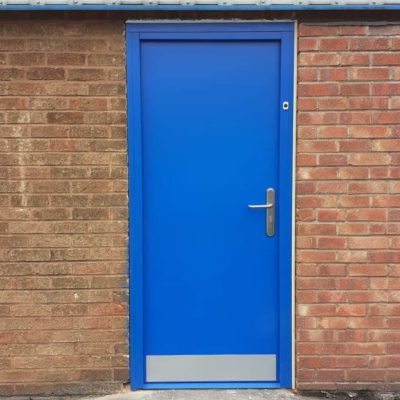 Blue security door with kick plate