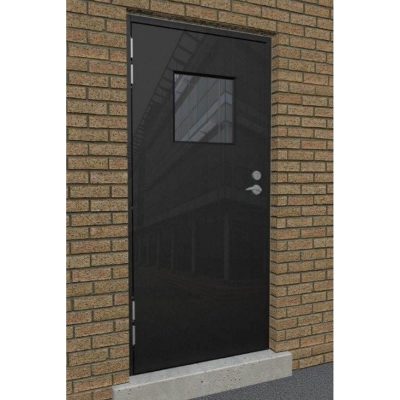 Single door with a square glazing panel installed into a building