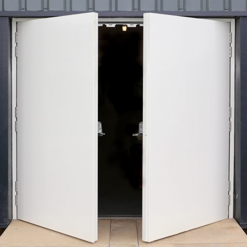 External view of a partially open double fire exit door