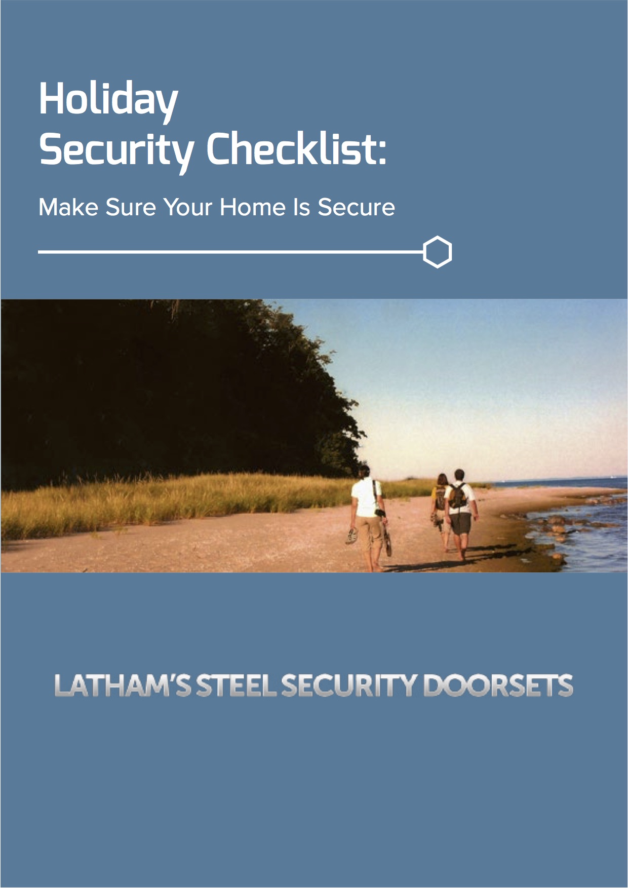 Holiday security checklist cover image with picture of people walking along a coast line