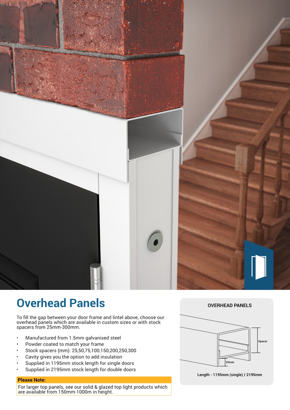 Dimensions and information about overhead panels for single doorsets