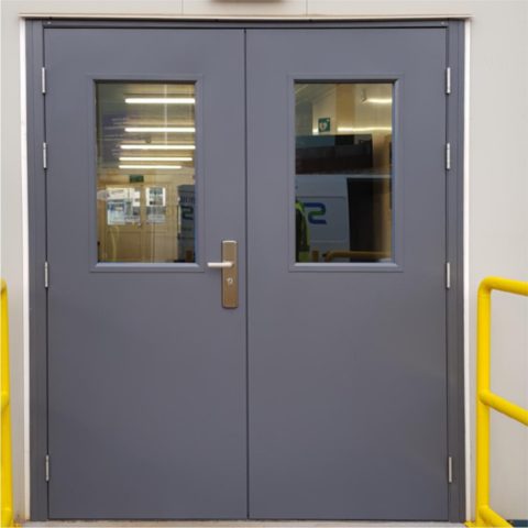 Grey glazed security steel double door