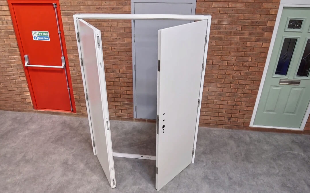 Double door frame assembled with wall of three steel doors in the background