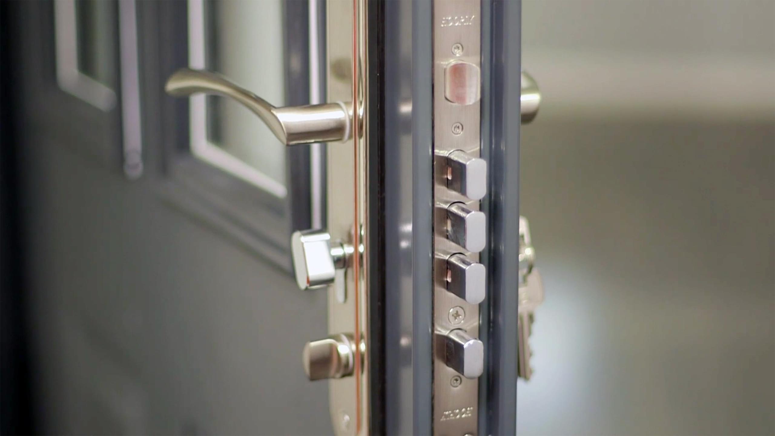 close up of a Hooply handle and locking system on a front door