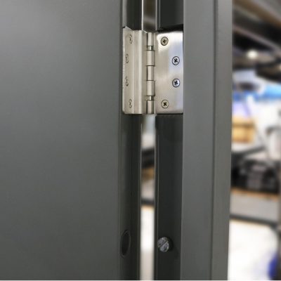 Close up view of hinges & dog bolts on a container door