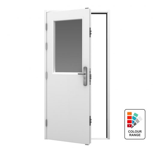 Glazed steel door in white with colour range icon