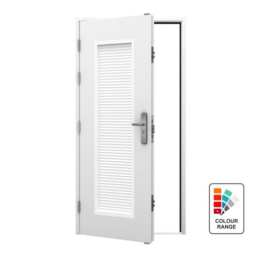 Louvred steel security door with full louvre panel