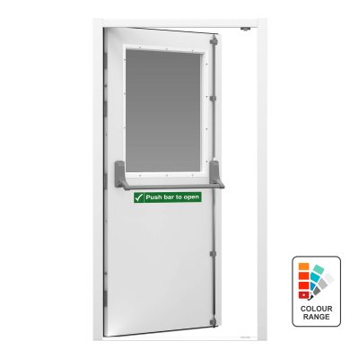 White security fire exit door with half panel glazing and a push bar to open sticker