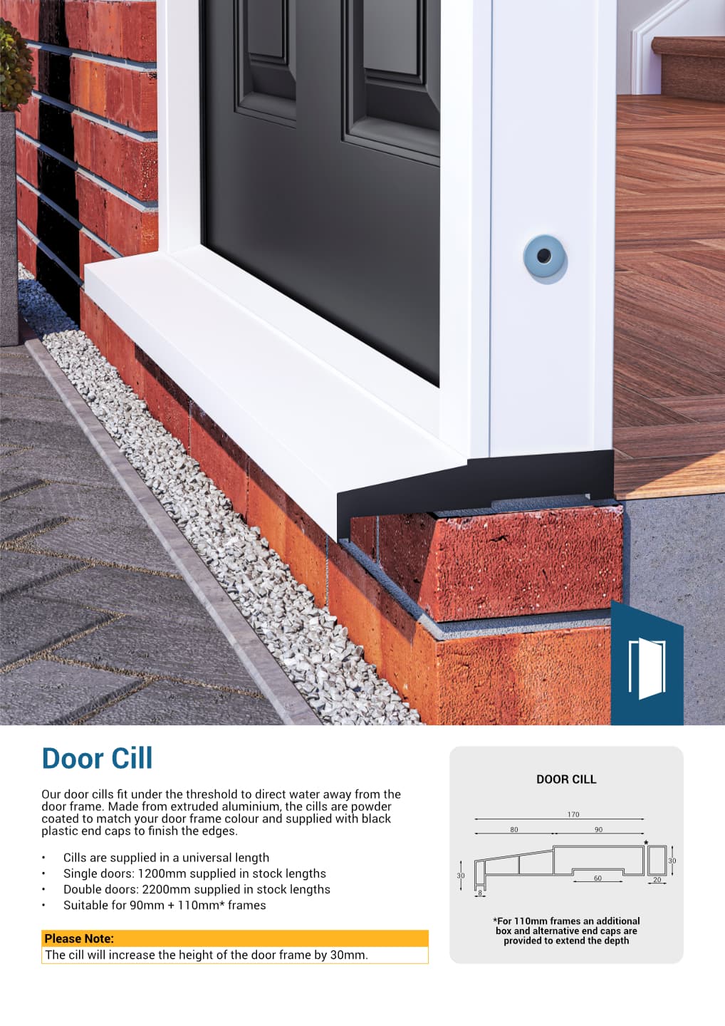 Image showing elevations and dimensions for a steel door cill