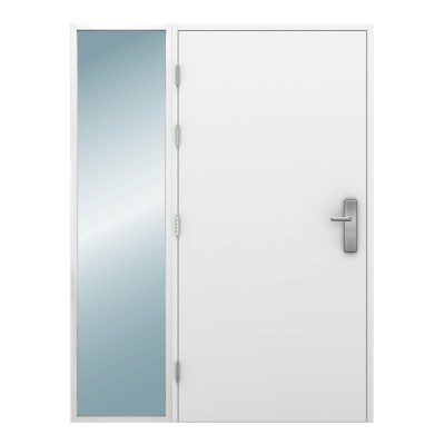 Glazed side light on left side of a steel door