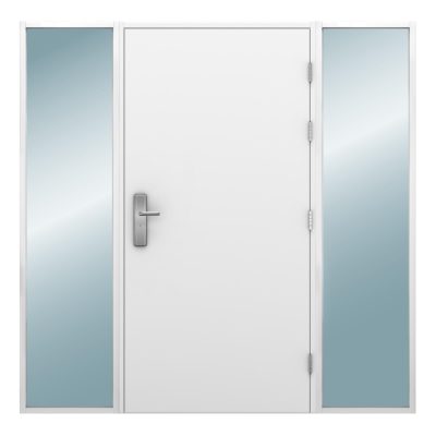 Glazed side light on left and right side of a steel door