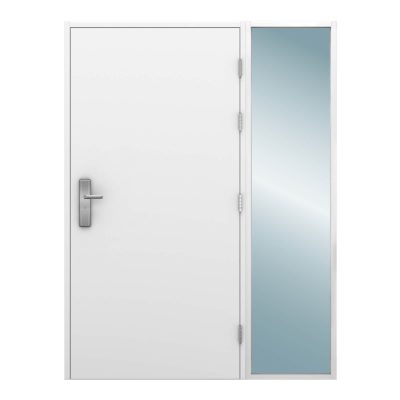 Glazed side light on the right side of a steel door