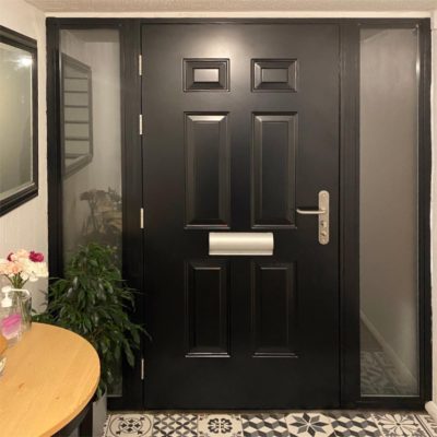 Internal view of a front door with side lights