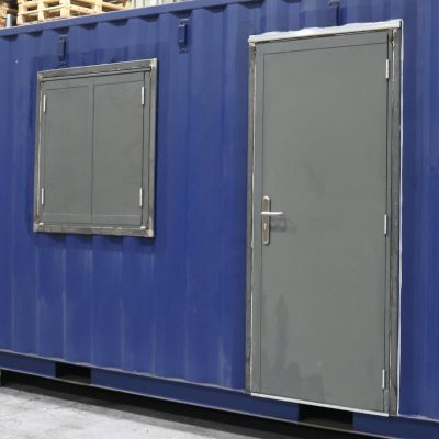 Container door and shutter fitted into goal post frames