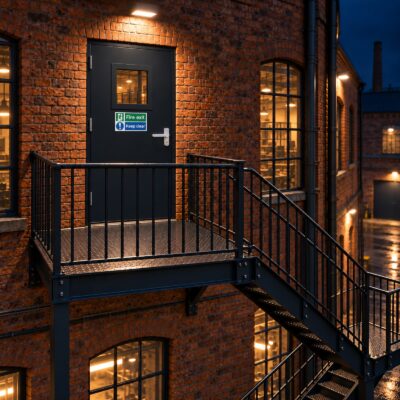 A black Custom Made Fire Exit Door with an OAD handle.