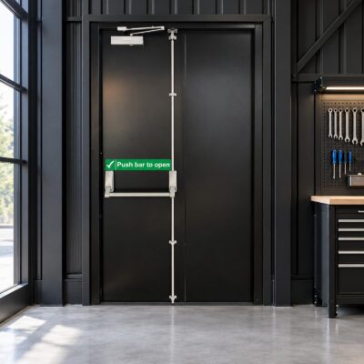A set of black Custom Made Steel Double Fire Exit Doors