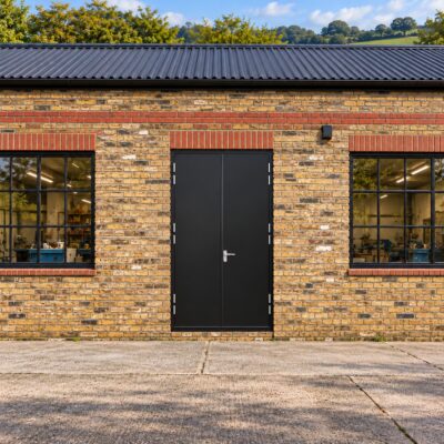 A set of black Custom Made Steel Double Fire Exit Doors in a factory
