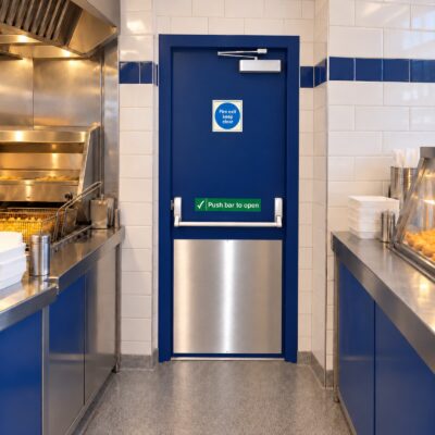 A blue Custom Made Fire Exit Door installed in a fish and chip shop.