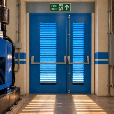 A set of blue Custom Made Steel Double Fire Exit Doors with louvre panels
