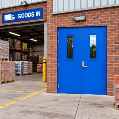 A blue Custom Made Steel Double Fire Exit Doors with an OAD