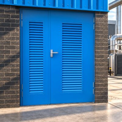A set of blue Custom Made Steel Double Fire Exit Doors with louvre panels installed.