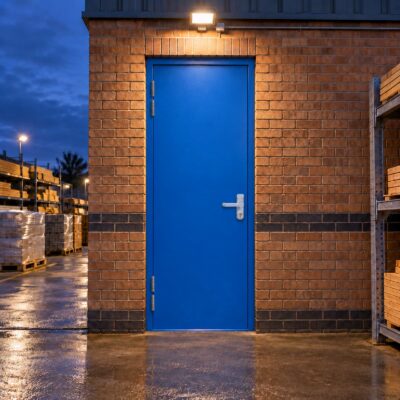 A bright blue Custom Made Fire Exit Door with an OAD handle.