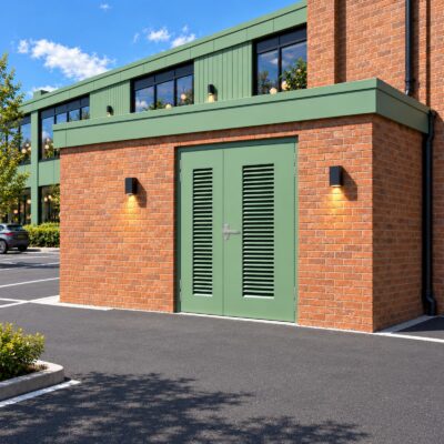 A set of green Custom Made Steel Double Fire Exit Doors with louvre panels installed