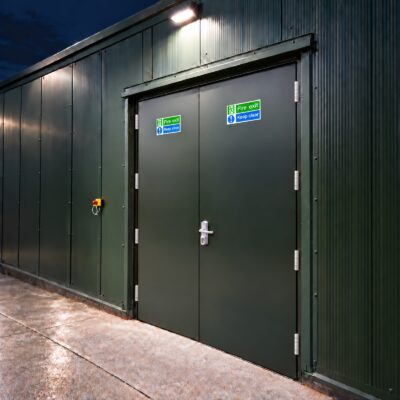 Custom Made Steel Double Fire Exit Doors in dark green with an OAD