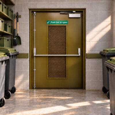 A olive Custom Made Fire Exit Door with a louvre panel installed.