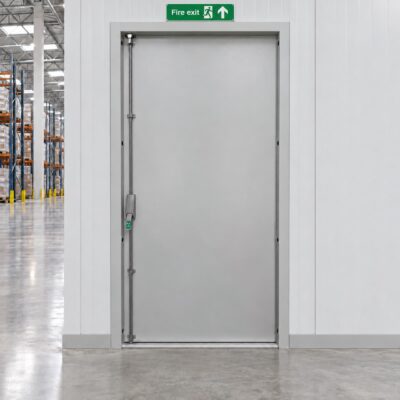 A white Custom Made Fire Exit Door installed in a warehouse environment