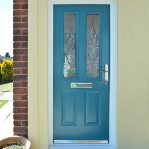 Water blue panelled front door with fancy glass
