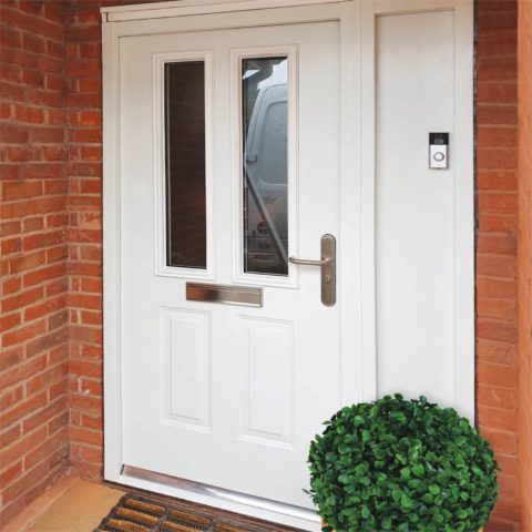 Panelled front door in white with insulated side panel