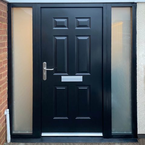 6 panelled front door with side lights in jet black