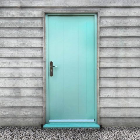 Security cottage steel door in teal