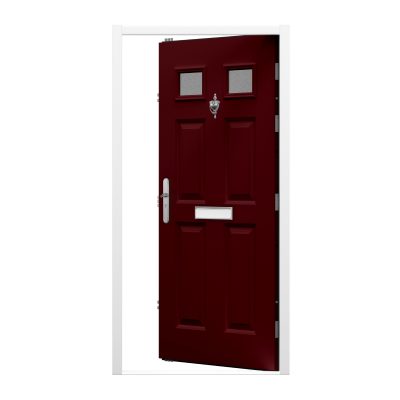 Wine red panelled front door with white frame
