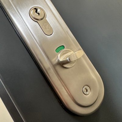 Close up view of internal toilet door latch