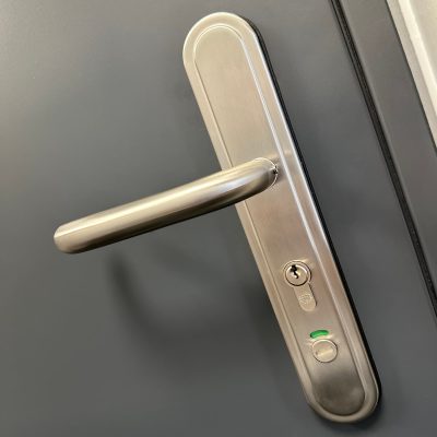 External view of container toilet door handle