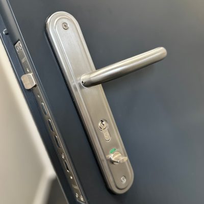 Internal view of container toilet door handle