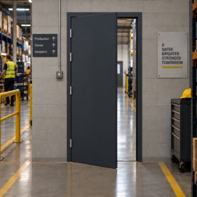 A anthracite grey blank door in a warehouse
