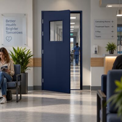 A navy blue blank door in a hospital