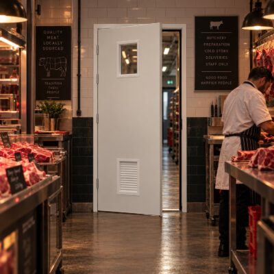 A white blank door with both a vision and louvre panel in a butchers