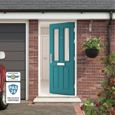 6 panelled front door in peacock blue - Secured By Design certified