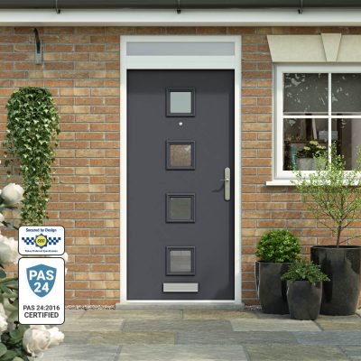 High security front door with glazed top panel
