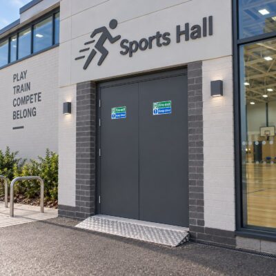 a sports hall double fire exit door in grey