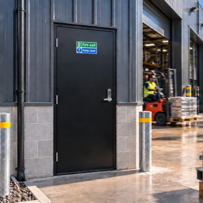 A Latham's black fire exit door with a code lock