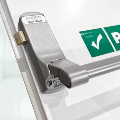 A closeup shot of a double fire exit door 2 point bar on the active leaf